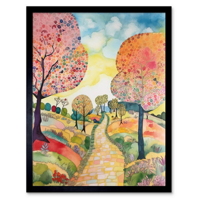 Artery8 Framed Wall Art Countryside Path With Blooming Flowers And Trees Folk Art Landscape Watercolour Painting12X16 Inch from B&Q