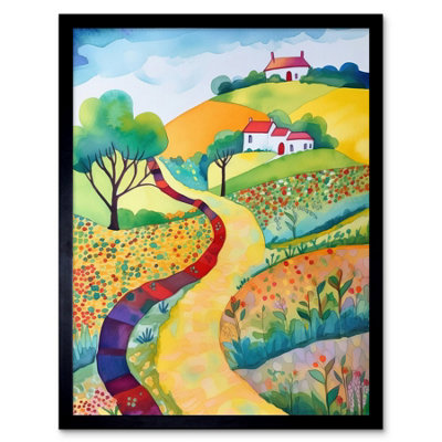 Artery8 Framed Wall Art Countryside Path In Spring Folk Art Landscape Watercolour Painting12X16 Inch
