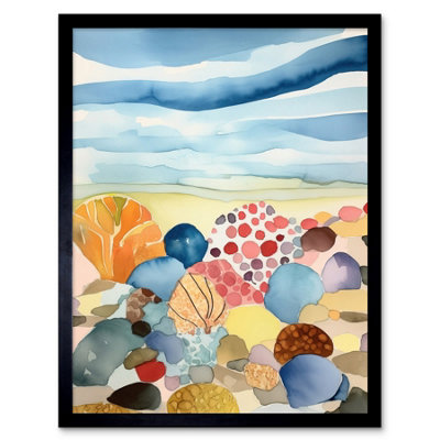 B&Q -  Framed Wall Art Seaside Beachcombing Colourful Seashells And Beach Pebbles Watercolour Painting12X16 Inch
