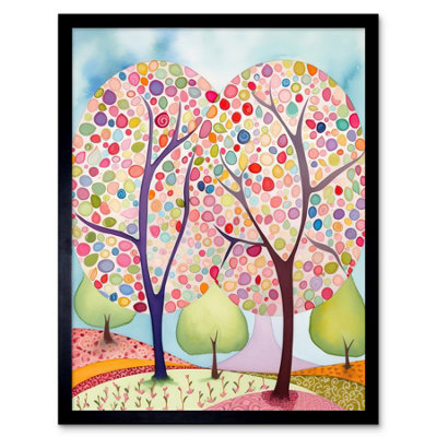 Artery8 Framed Wall Art Two Trees Blooming In Spring Folk Art Watercolour Painting12X16 Inch from B&Q