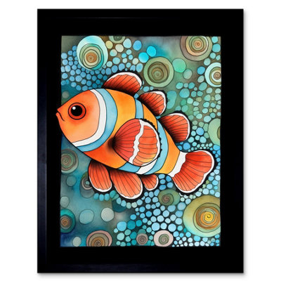 Artery8 Framed Wall Art Clownfish In Coral Patterns Folk Art Watercolour Painting12X16 Inch from B&Q