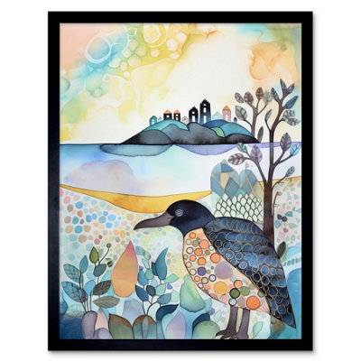 Artery8 Framed Wall Art Coastal Island Wildlife Folk Art Watercolour Painting12X16 Inch from B&Q