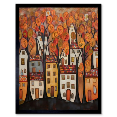 Artery8 Framed Wall Art Cityscape With Trees In Autumn Contemporary Folk Art Painting12X16 Inch from B&Q