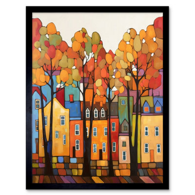 B&Q -  Framed Wall Art Multicoloured House Street In Autumn Contemporary Folk Art Painting12X16 Inch
