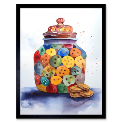 Artery8 Framed Wall Art Cookie Jar Folk Art Watercolour Painting12X16 Inch from B&Q