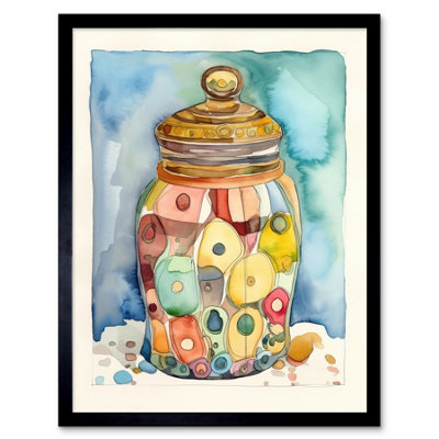 Artery8 Framed Wall Art Glass Cookie Jar With Sweets Folk Art Watercolour Painting12X16 Inch from B&Q