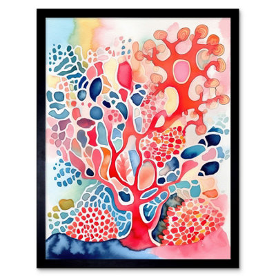 B&Q -  Framed Wall Art Pink And Blue Coral Folk Art Watercolour Painting12X16 Inch