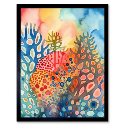B&Q -  Framed Wall Art Coral Reef Folk Art Watercolour Painting12X16 Inch