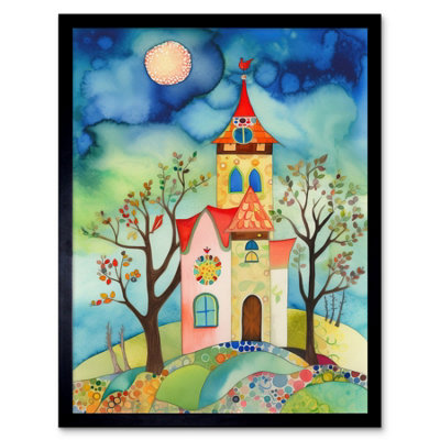Artery8 Framed Wall Art Countryside Chapel Folk Art Watercolour Painting12X16 Inch from B&Q