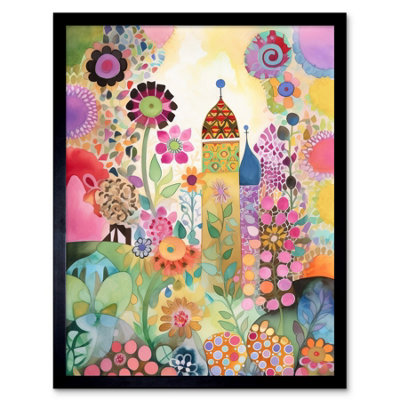 B&Q -  Framed Wall Art Countryside Garden Flowers In Spring Folk Art Watercolour Painting12X16 Inch