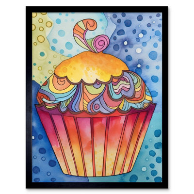 Artery8 Framed Wall Art Cupcake With Colourful Frosting Folk Art Watercolour Painting12X16 Inch from B&Q