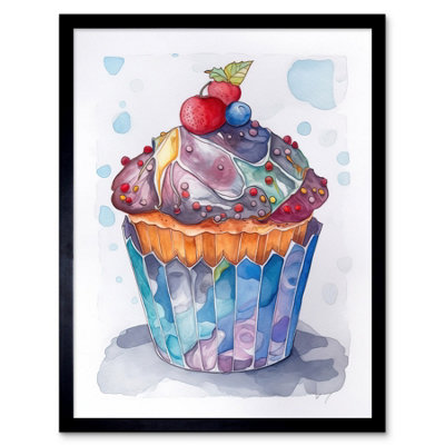 Artery8 Framed Wall Art Cupcake Icing With Fruit Folk Art Watercolour Painting12X16 Inch from B&Q