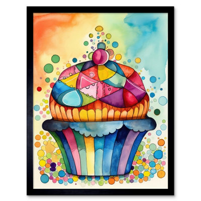 Artery8 Framed Wall Art Cupcake With Colourful Frosting Watercolour Folk Art Painting12X16 Inch from B&Q