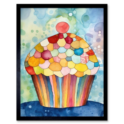 Artery8 Framed Wall Art Rainbow Pattern Cupcake Folk Art Watercolour Painting12X16 Inch from B&Q