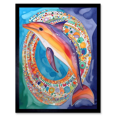 Artery8 Framed Wall Art Rainbow Dolphin And Pattern Hoop Folk Art Watercolour Painting12X16 Inch from B&Q