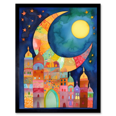 Artery8 Framed Wall Art Eid Crescent Moon Cityscape Folk Art Watercolour Painting12X16 Inch from B&Q