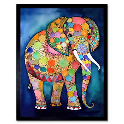 Artery8 Framed Wall Art Elephant With Patterns Folk Art Watercolour Painting12X16 Inch from B&Q