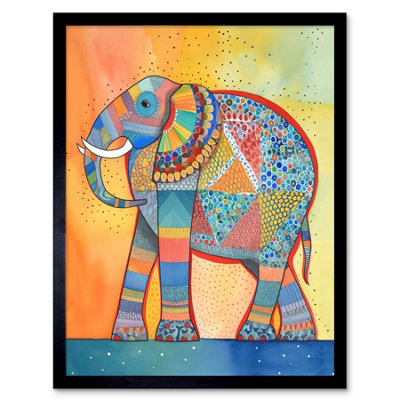 Artery8 Framed Wall Art Elephant With Geometric Patterns Folk Art Watercolour Painting12X16 Inch from B&Q
