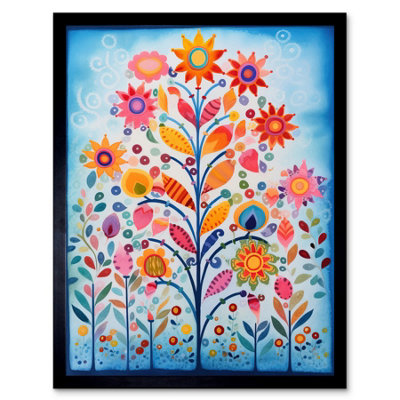 Artery8 Framed Wall Art Blooming Flowering Plant Pattern Folk Art Watercolour Painting12X16 Inch from B&Q