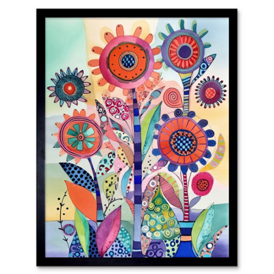 Artery8 Framed Wall Art Large Flower Blooms With Embroidery Style Patterns Folk Art Watercolour Painting12X16 Inch from B&Q