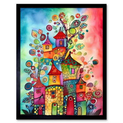 Artery8 Framed Wall Art Country Houses Concept Folk Art Watercolour Painting12X16 Inch from B&Q