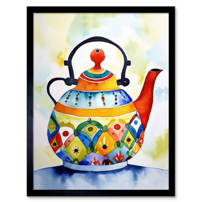 Artery8 Framed Wall Art Enamelled Patterned Teapot Tea Kettle Folk Art Watercolour Painting12X16 Inch from B&Q