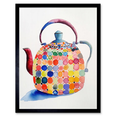 Artery8 Framed Wall Art Colourful Enamelled Teapot Tea Kettle Folk Art Watercolour Painting12X16 Inch from B&Q