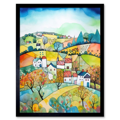 Artery8 Framed Wall Art English Country Rural Landscape Folk Art Watercolour Painting12X16 Inch from B&Q
