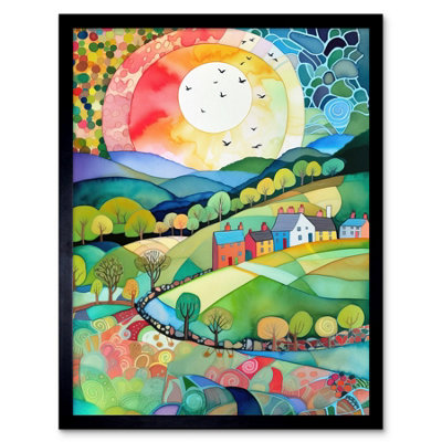 Artery8 Framed Wall Art Rural Landscape English Countryside Sunrise Folk Art Watercolour Painting12X16 Inch from B&Q