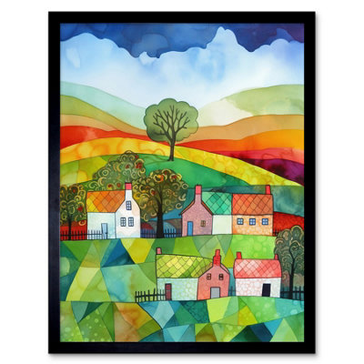 Artery8 Framed Wall Art Rural Landscape Rainbow Countryside Folk Art Watercolour Painting12X16 Inch from B&Q