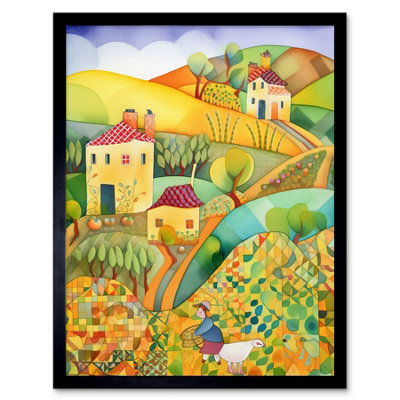 Artery8 Framed Wall Art Countryside Farming Folk Art Watercolour Painting12X16 Inch from B&Q