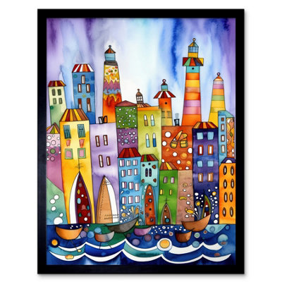 Artery8 Framed Wall Art Canal Area Folk Art Watercolour Painting12X16 Inch from B&Q