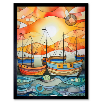 Artery8 Framed Wall Art Fishing Boats At Sunrise Folk Art Watercolour Painting12X16 Inch from B&Q