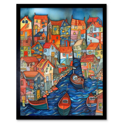 Artery8 Framed Wall Art Fishing Village Canal Folk Art Watercolour Painting12X16 Inch from B&Q