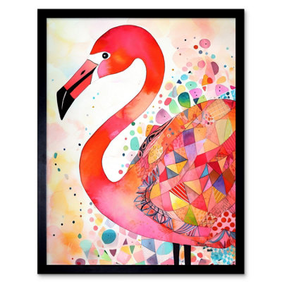 Artery8 Framed Wall Art Flamingo Bird With Patterns Folk Art Watercolour Painting12X16 Inch from B&Q
