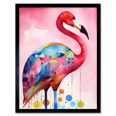 Artery8 Framed Wall Art Flamingo Bird Folk Art Watercolour Painting12X16 Inch from B&Q