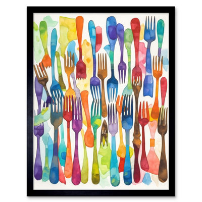 Artery8 Framed Wall Art Cutlery Pattern Multicoloured Forks Watercolour Painting12X16 Inch from B&Q