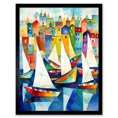 Artery8 Framed Wall Art Harbour Boats Folk Art Watercolour Painting12X16 Inch from B&Q