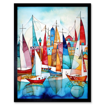 Artery8 Framed Wall Art Harbour Boats Abstract Folk Art Watercolour Painting12X16 Inch from B&Q