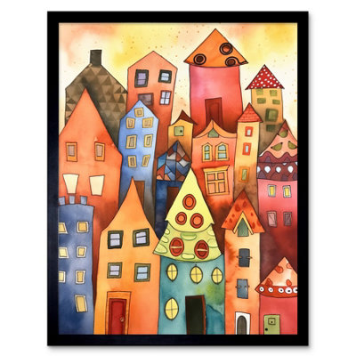 Artery8 Framed Wall Art Colourful Townscape Folk Art Watercolour Painting12X16 Inch from B&Q