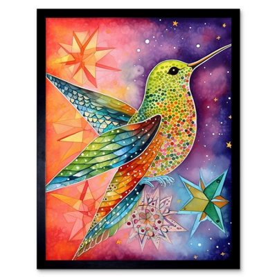 Artery8 Framed Wall Art Hummingbird In Vibrant Astral Field Folk Art Watercolour Painting12X16 Inch from B&Q