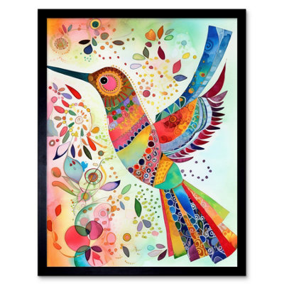 Artery8 Framed Wall Art Hummingbird With Multicolour Pattern Feathers Folk Art Watercolour Painting12X16 Inch from B&Q