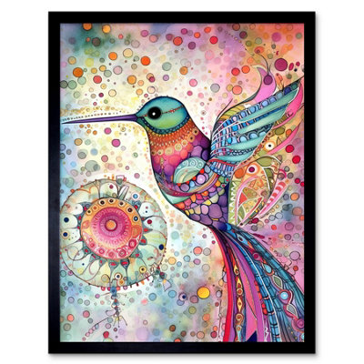Artery8 Framed Wall Art Hummingbird With Mandala Patterns Colourful Folk Art Watercolour Painting12X16 Inch from B&Q