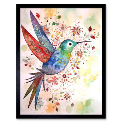 Artery8 Framed Wall Art Hummingbird With Flower Patterns Folk Art Watercolour Painting12X16 Inch from B&Q