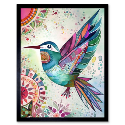 Artery8 Framed Wall Art Hummingbird With Multicolour Mandala Patterns Folk Art Watercolour Painting12X16 Inch from B&Q