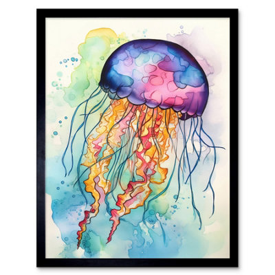 Artery8 Framed Wall Art Jellyfish Swimming Folk Art Watercolour Painting12X16 Inch from B&Q