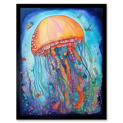 Artery8 Framed Wall Art Jellyfish With Aquatic Plants Folk Art Watercolour Painting12X16 Inch from B&Q
