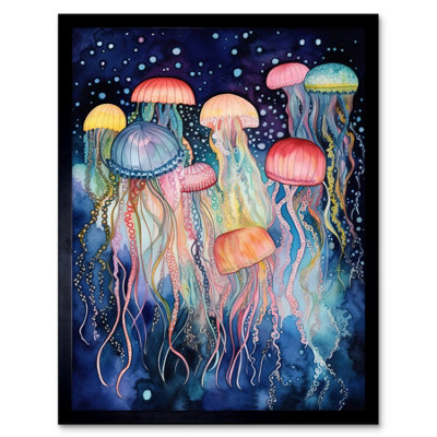 Artery8 Framed Wall Art Group Of Jellyfish Multicoloured Folk Art Watercolour Painting12X16 Inch from B&Q