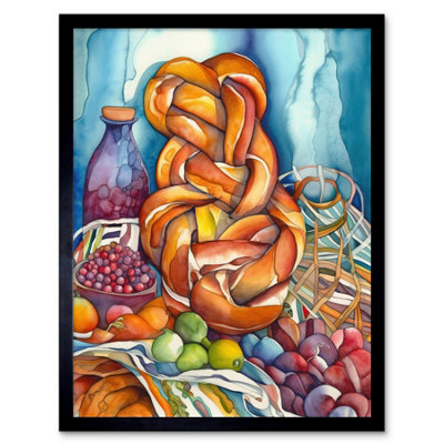 Artery8 Framed Wall Art Challah Bread And Fruit Folk Art Watercolour Painting12X16 Inch from B&Q