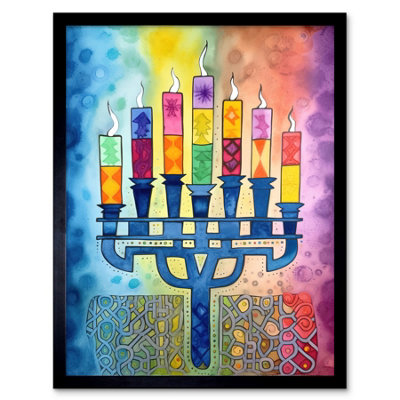 Artery8 Framed Wall Art Menorah Candles Multicolour Folk Art Watercolour Painting12X16 Inch from B&Q